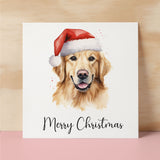 Fun Christmas Card of a Golden Retriever Dog Wearing A Santa Hat Whimsical Watercolour Christmas Card For Animal Lover For Him or Her