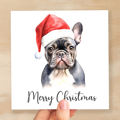 Fun Christmas Card of a French Bulldog Wearing A Santa Hat Whimsical Watercolour Christmas Card For Animal Lover For Him or Her