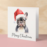 Fun Christmas Card of a French Bulldog Wearing A Santa Hat Whimsical Watercolour Christmas Card For Animal Lover For Him or Her