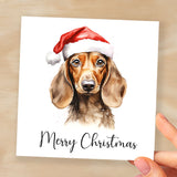 Fun Christmas Card of a Dachshind Dog Wearing A Santa Hat Whimsical Watercolour Christmas Card For Animal Lover For Him or Her