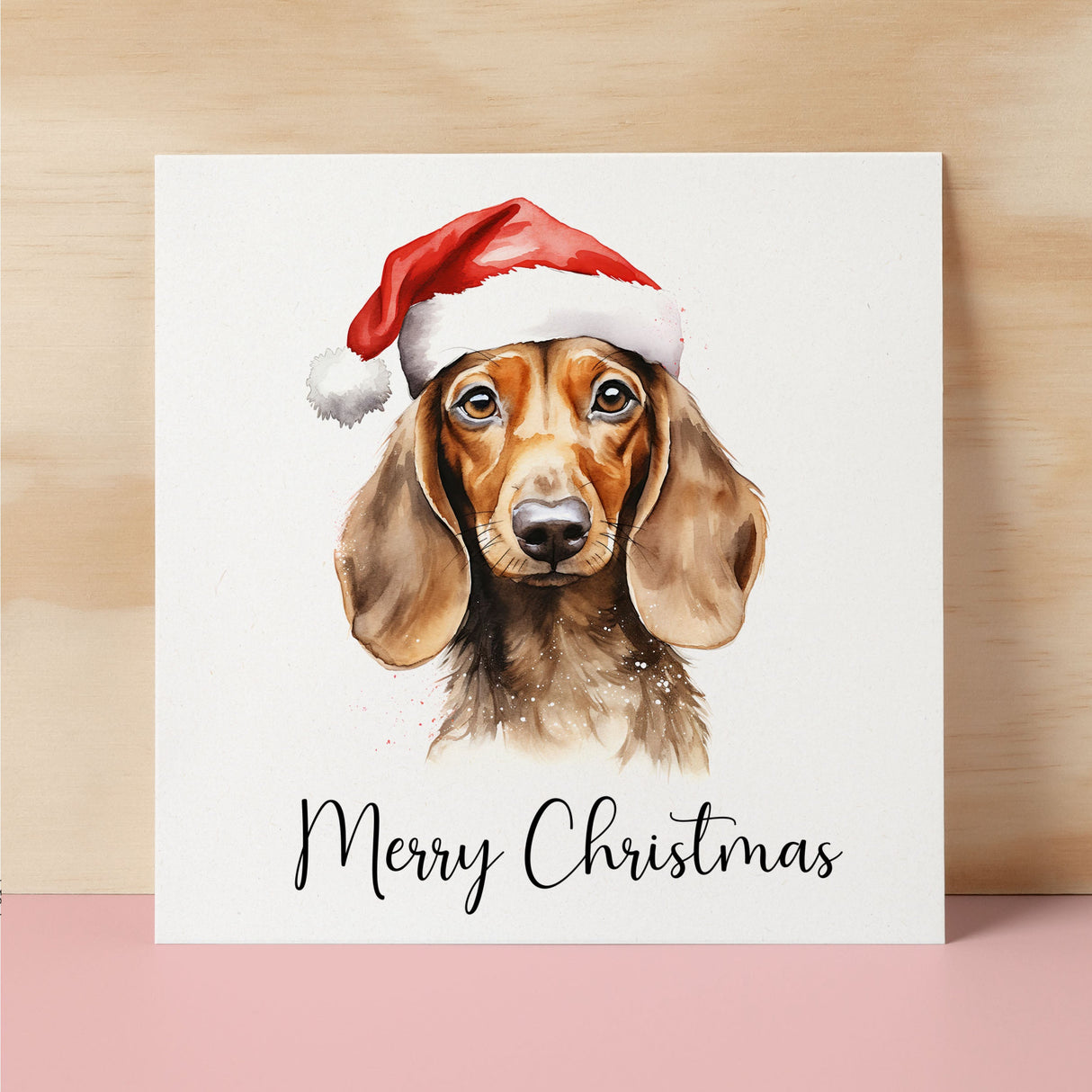 Fun Christmas Card of a Dachshind Dog Wearing A Santa Hat Whimsical Watercolour Christmas Card For Animal Lover For Him or Her