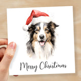 Fun Christmas Card of a Collie Dog Wearing A Santa Hat Whimsical Watercolour Christmas Card For Animal Lover For Him or Her