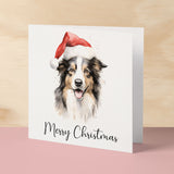 Fun Christmas Card of a Collie Dog Wearing A Santa Hat Whimsical Watercolour Christmas Card For Animal Lover For Him or Her