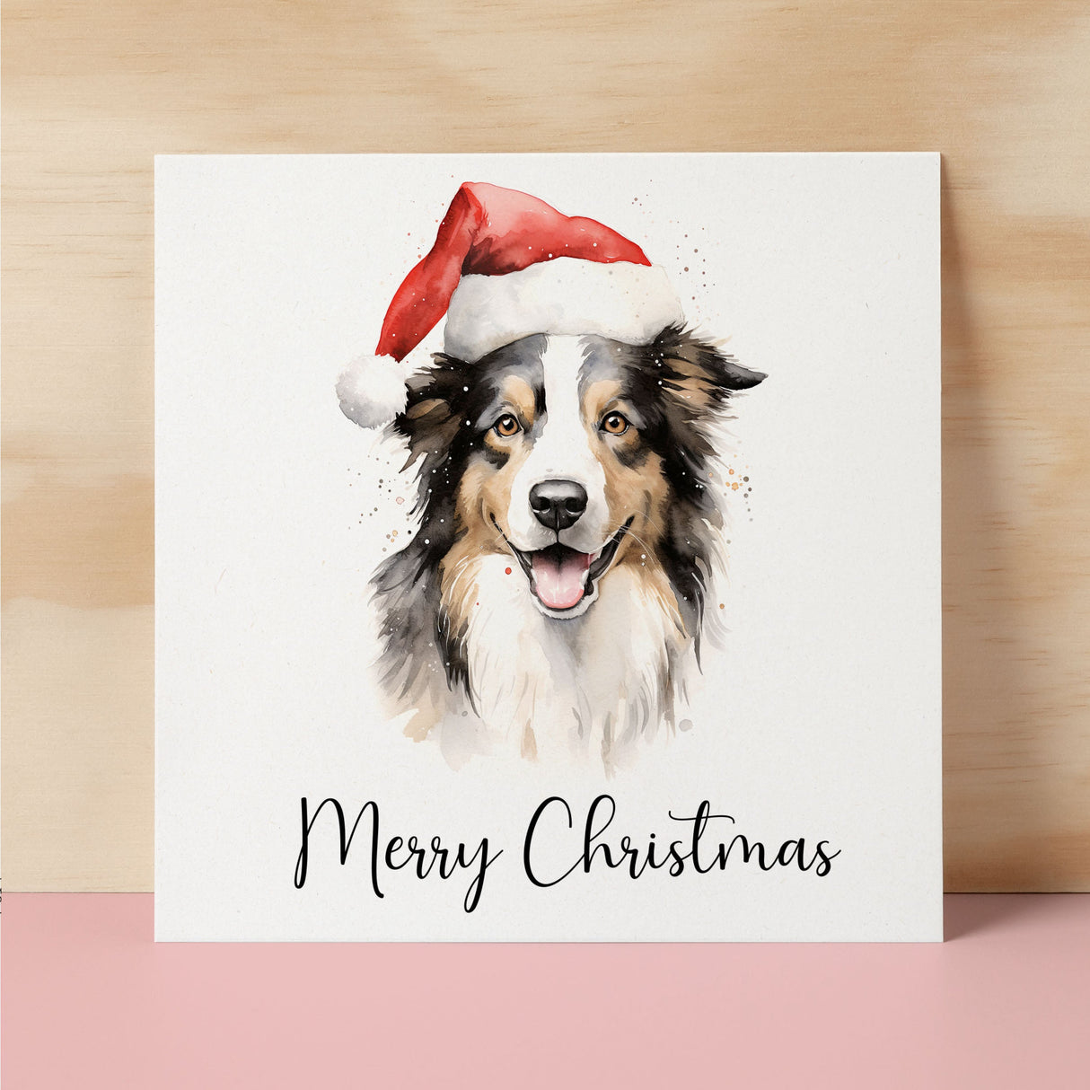 Fun Christmas Card of a Collie Dog Wearing A Santa Hat Whimsical Watercolour Christmas Card For Animal Lover For Him or Her