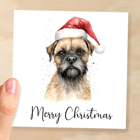 Fun Christmas Card of a Border Terrier Dog Wearing A Santa Hat Whimsical Watercolour Christmas Card For Animal Lover For Him or Her