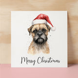 Fun Christmas Card of a Border Terrier Dog Wearing A Santa Hat Whimsical Watercolour Christmas Card For Animal Lover For Him or Her