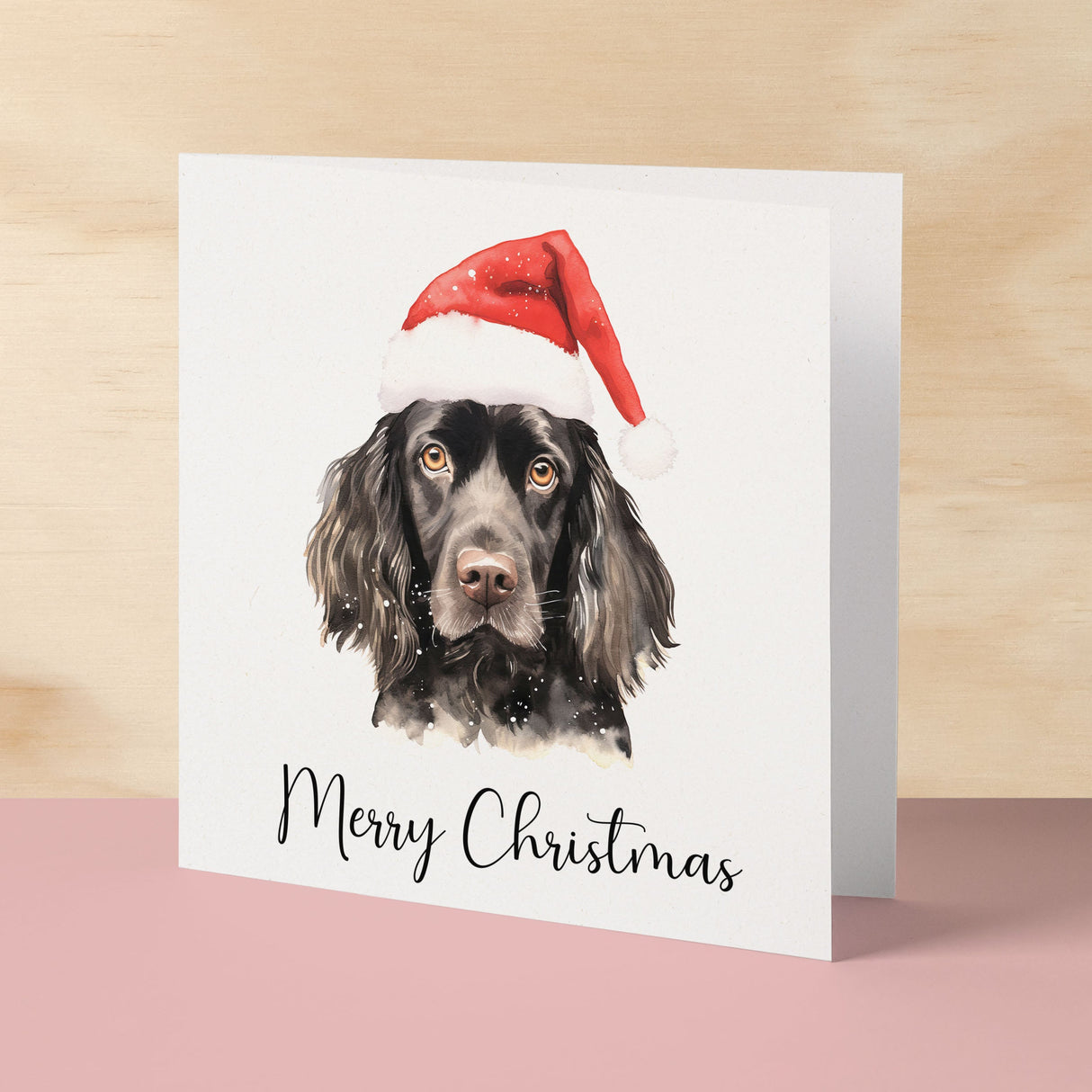 Fun Christmas Card of a Black Cocker Spaniel Dog Wearing A Santa Hat Whimsical Watercolour Christmas Card For Animal Lover For Him or Her