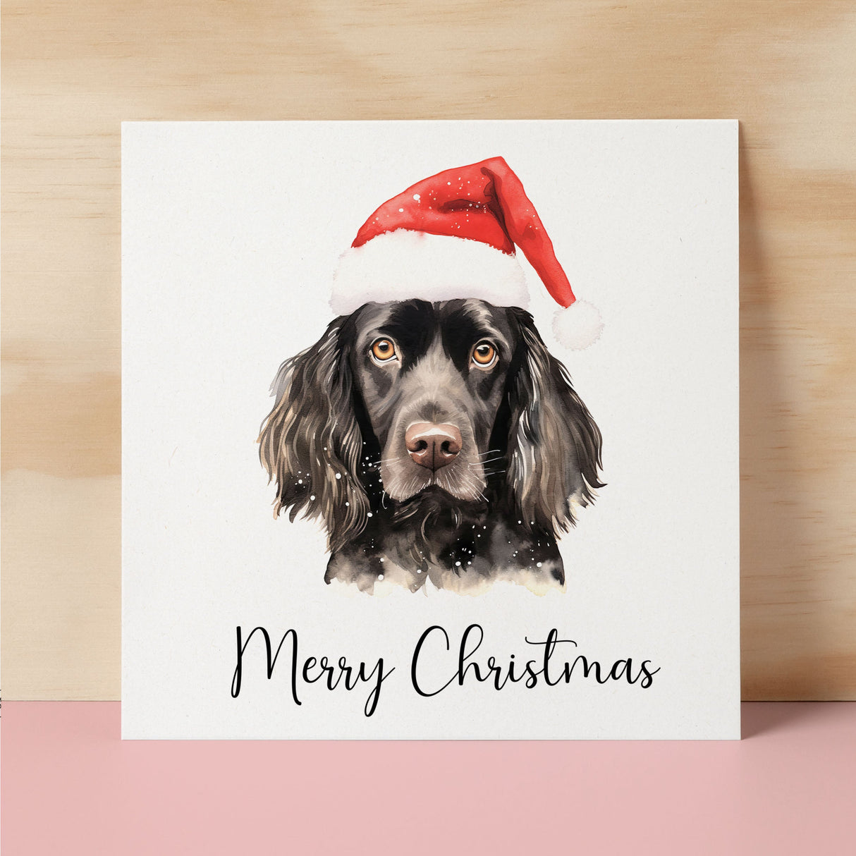 Fun Christmas Card of a Black Cocker Spaniel Dog Wearing A Santa Hat Whimsical Watercolour Christmas Card For Animal Lover For Him or Her