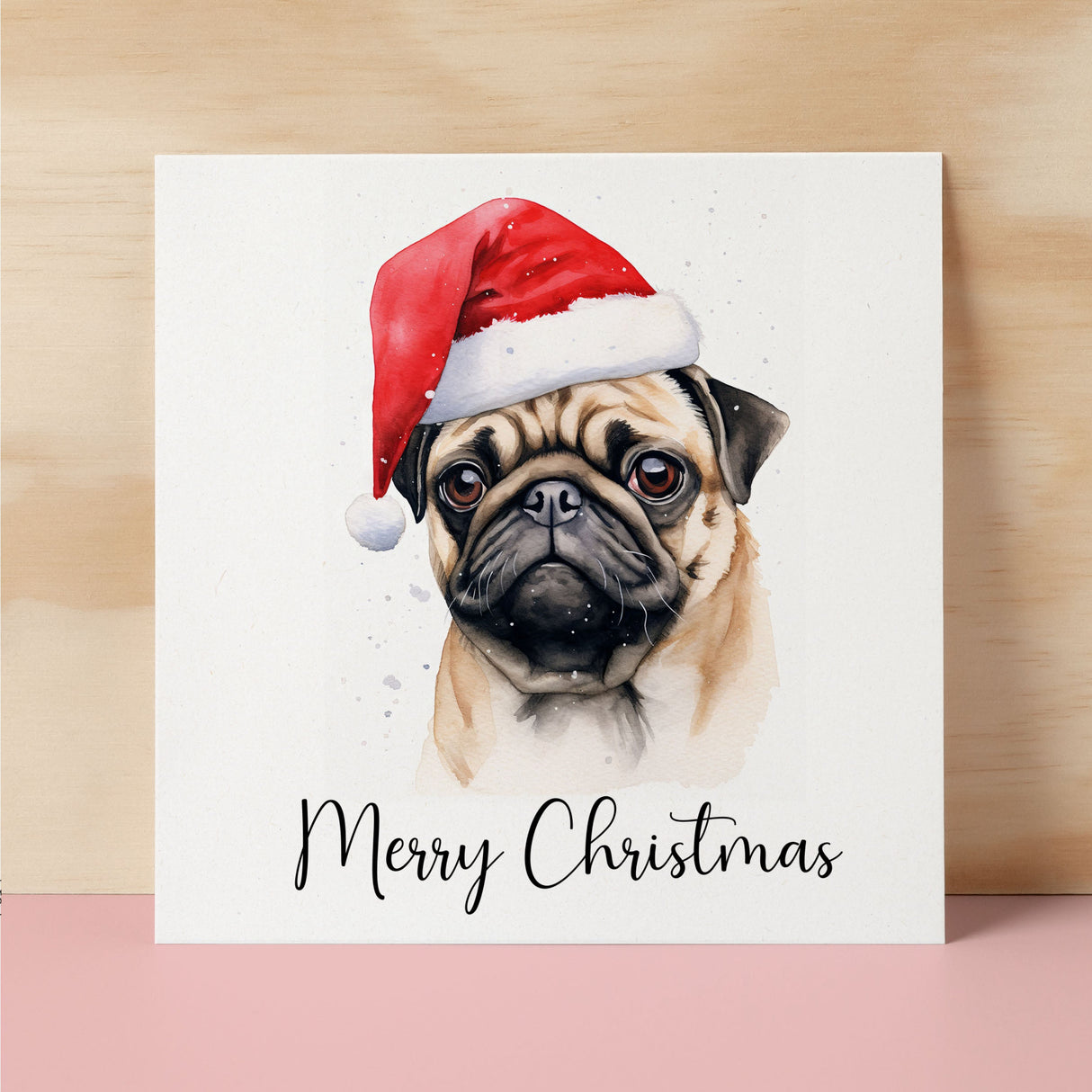 Fun Christmas Card of a Pug Dog Wearing A Santa Hat Whimsical Watercolour Christmas Card For Animal Lover For Him or Her