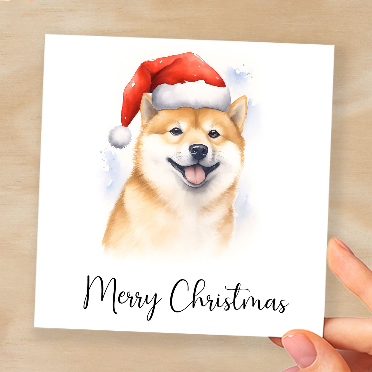 Fun Christmas Card of a Shiba Inu Dog Wearing A Santa Hat Whimsical Watercolour Christmas Card For Animal Lover For Him or Her