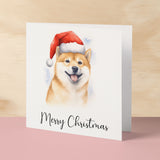 Fun Christmas Card of a Shiba Inu Dog Wearing A Santa Hat Whimsical Watercolour Christmas Card For Animal Lover For Him or Her