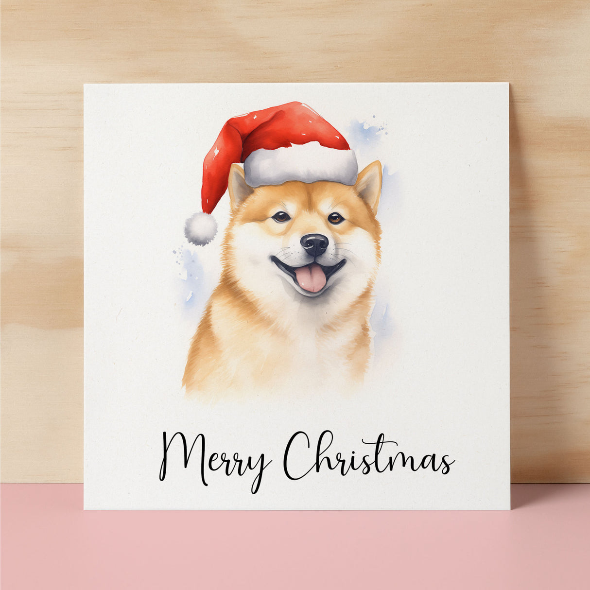 Fun Christmas Card of a Shiba Inu Dog Wearing A Santa Hat Whimsical Watercolour Christmas Card For Animal Lover For Him or Her