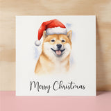 Fun Christmas Card of a Shiba Inu Dog Wearing A Santa Hat Whimsical Watercolour Christmas Card For Animal Lover For Him or Her