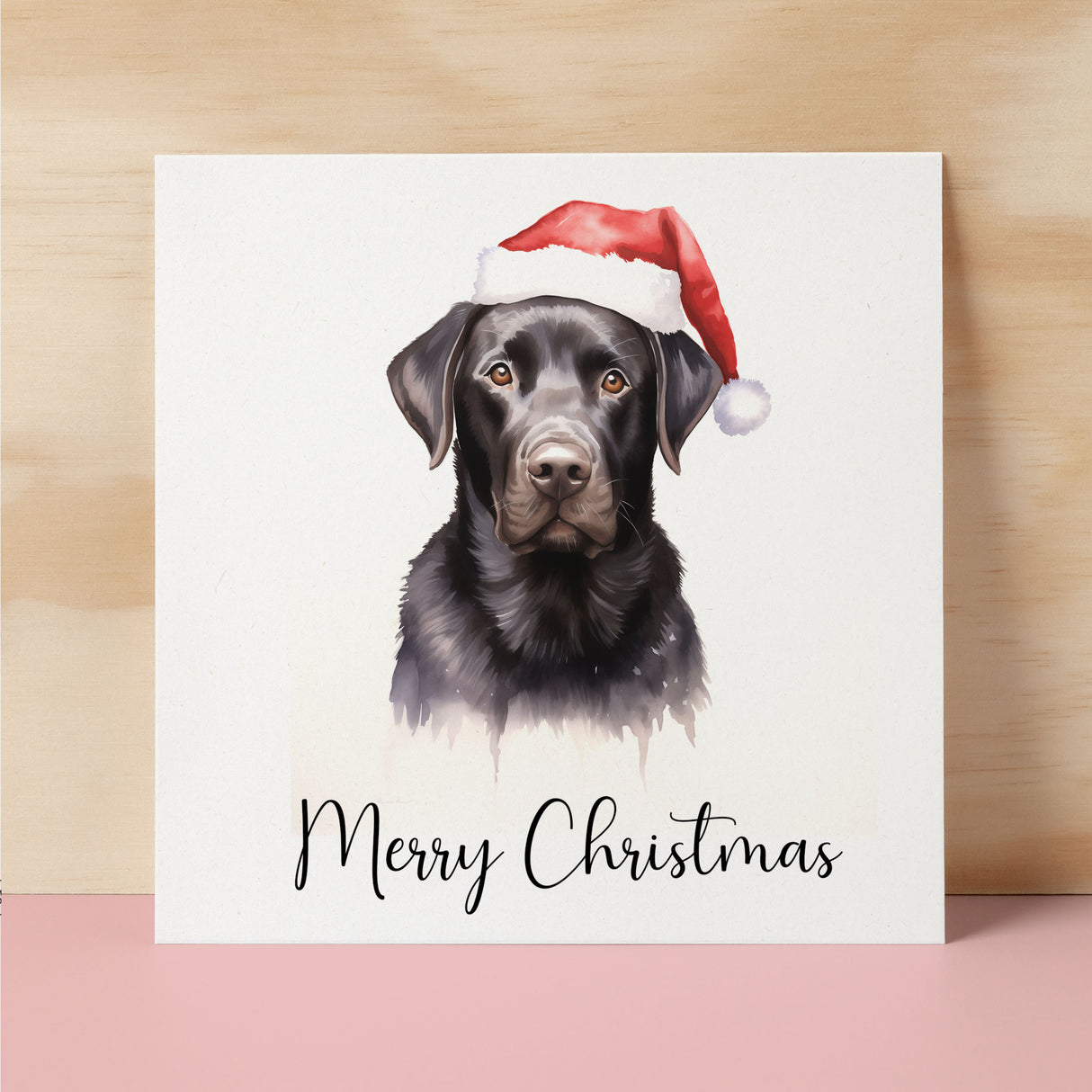 Fun Christmas Card of a Labrador Dog Wearing A Santa Hat Whimsical Watercolour Christmas Card For Animal Lover For Him or Her