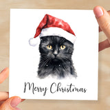 Fun Christmas Card of a Black Cat Wearing A Santa Hat Whimsical Watercolour Christmas Card For Animal Lover For Him or Her