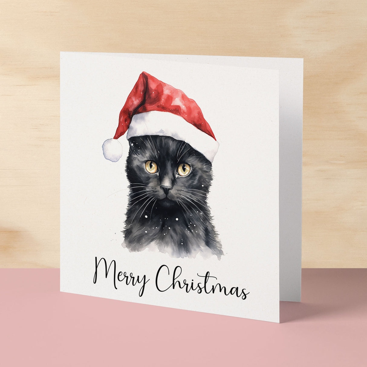 Fun Christmas Card of a Black Cat Wearing A Santa Hat Whimsical Watercolour Christmas Card For Animal Lover For Him or Her