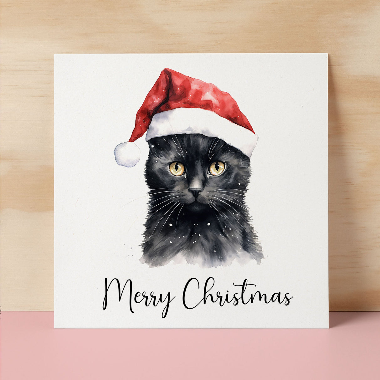 Fun Christmas Card of a Black Cat Wearing A Santa Hat Whimsical Watercolour Christmas Card For Animal Lover For Him or Her