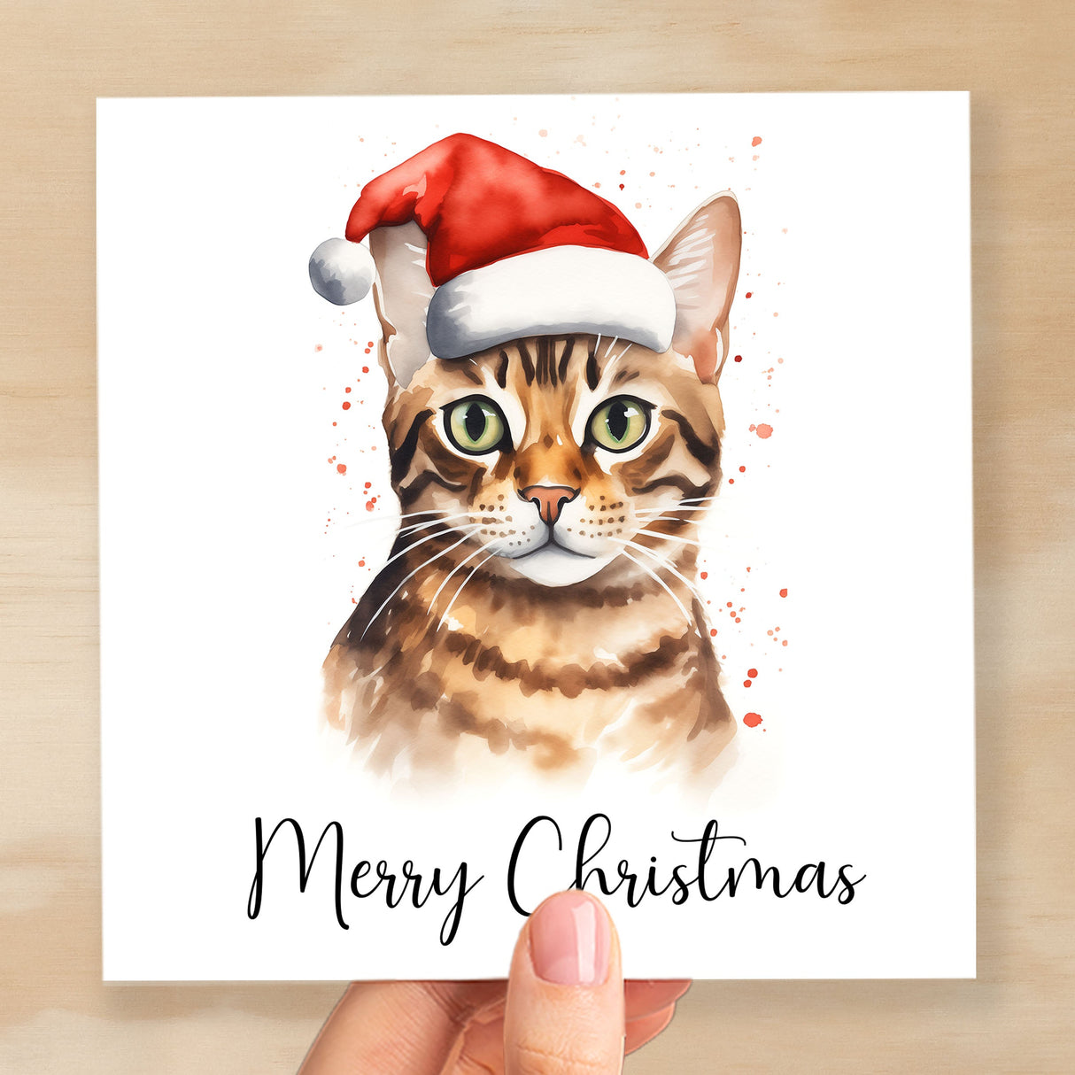 Fun Christmas Card of a Bengal Cat Wearing A Santa Hat Whimsical Watercolour Christmas Card For Animal Lover For Him or Her