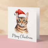 Fun Christmas Card of a Bengal Cat Wearing A Santa Hat Whimsical Watercolour Christmas Card For Animal Lover For Him or Her