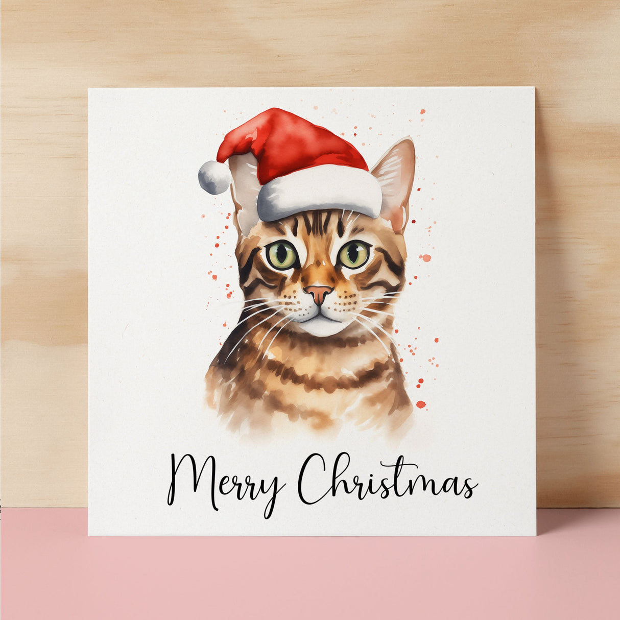 Fun Christmas Card of a Bengal Cat Wearing A Santa Hat Whimsical Watercolour Christmas Card For Animal Lover For Him or Her