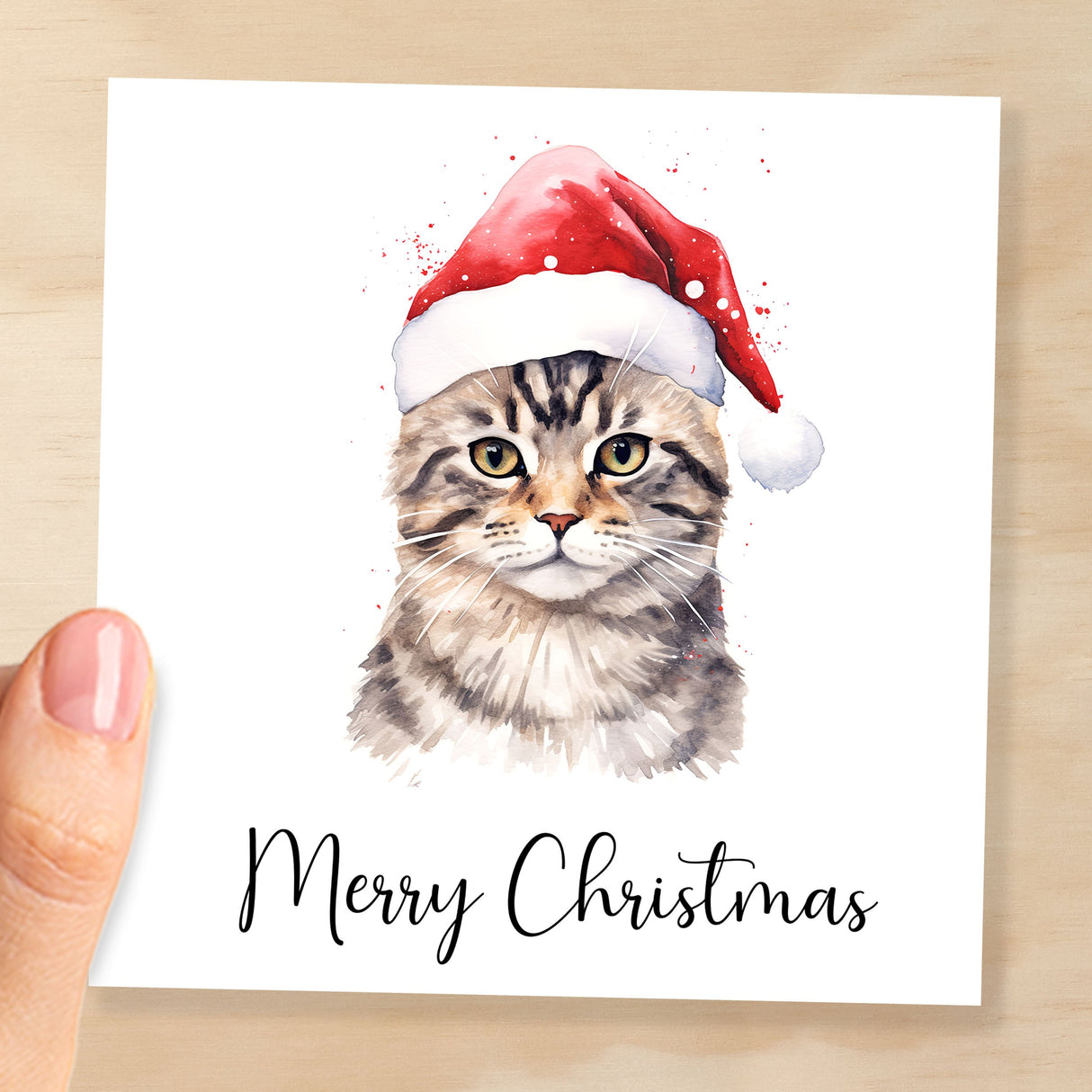 Fun Christmas Card of a Tabby Cat Wearing A Santa Hat Whimsical Watercolour Christmas Card For Animal Lover For Him or Her