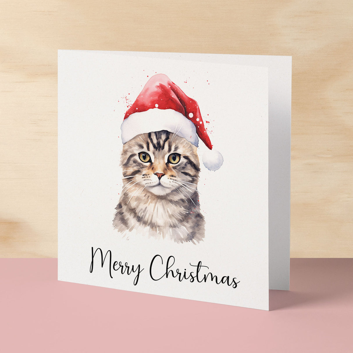 Fun Christmas Card of a Tabby Cat Wearing A Santa Hat Whimsical Watercolour Christmas Card For Animal Lover For Him or Her