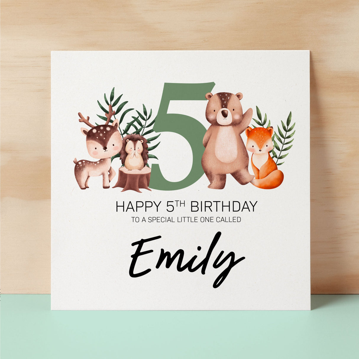 Personalised 5th Birthday Children's Card Woodland Themed Fifth Birthday Card For Boy or Girl Five Years Custom Card