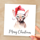 Fun Christmas Card of a Sphynx Cat Wearing A Santa Hat Whimsical Watercolour Christmas Card For Animal Lover For Him or Her