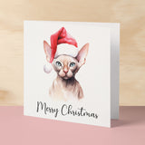 Fun Christmas Card of a Sphynx Cat Wearing A Santa Hat Whimsical Watercolour Christmas Card For Animal Lover For Him or Her