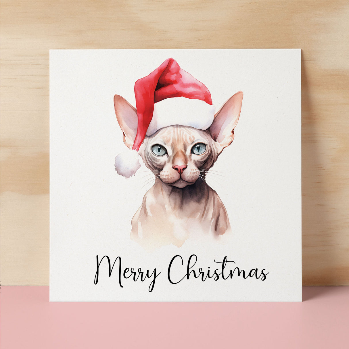 Fun Christmas Card of a Sphynx Cat Wearing A Santa Hat Whimsical Watercolour Christmas Card For Animal Lover For Him or Her