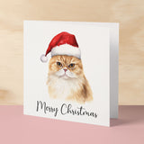 Fun Christmas Card of a Scotish Fold Wearing A Santa Hat Whimsical Watercolour Christmas Card For Animal Lover For Him or Her