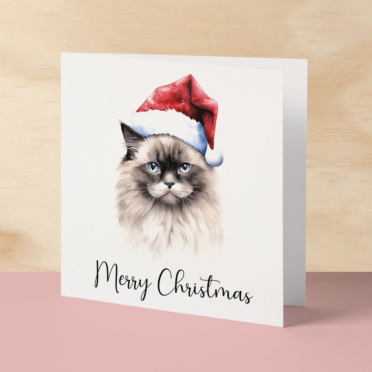 Fun Christmas Card of a Ragdoll Cat Wearing A Santa Hat Whimsical Watercolour Christmas Card For Animal Lover For Him or Her