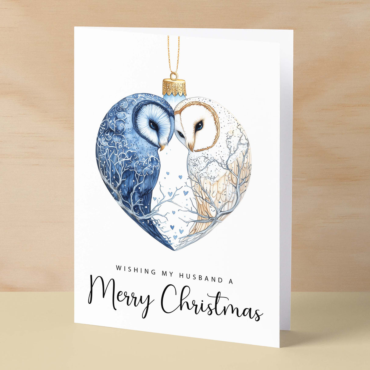 Christmas Card For Husband Owls Bauble Love Heart Illustration Romantic Christmas Card For Husband