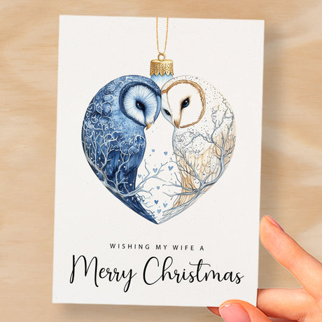 Christmas Card For Wife Owls Bauble Love Heart Illustration Romantic Christmas Card For Wife