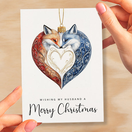 Christmas Card For Husband Foxes Bauble Love Heart Illustration Romantic Christmas Card For Husband