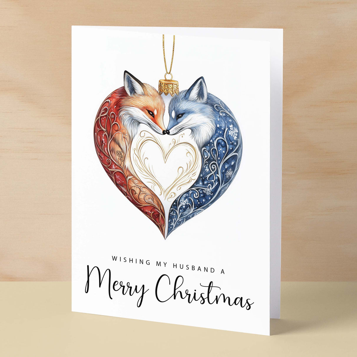 Christmas Card For Husband Foxes Bauble Love Heart Illustration Romantic Christmas Card For Husband