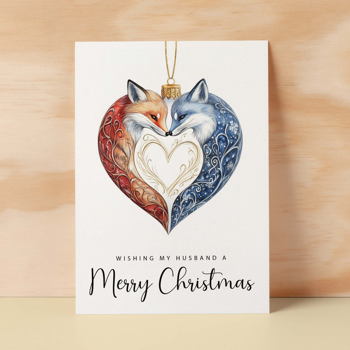 Christmas Card For Husband Foxes Bauble Love Heart Illustration Romantic Christmas Card For Husband