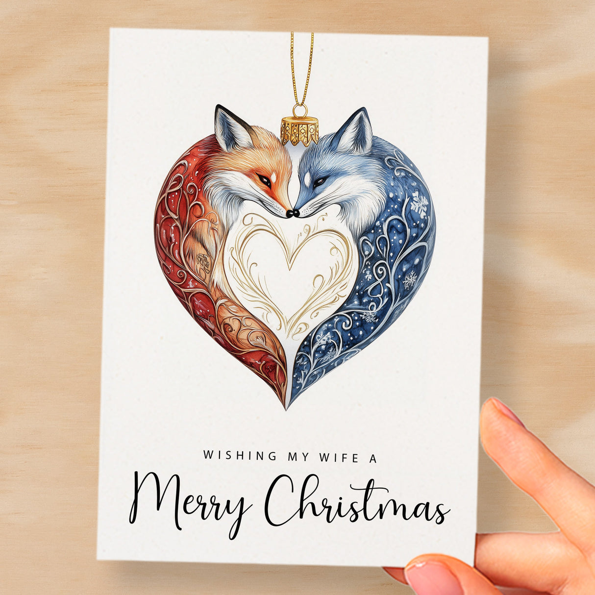 Christmas Card For Wife Foxes Bauble Love Heart Illustration Romantic Christmas Card For Wife