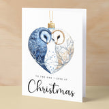 Christmas Card For Loved One Owls Bauble Love Heart Illustration Romantic Christmas Card For The One I Love