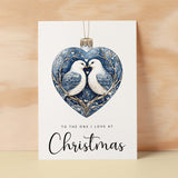 Christmas Card For Loved One Turtle Dove Bauble Love Heart Illustration Romantic Christmas Card For The One I Love