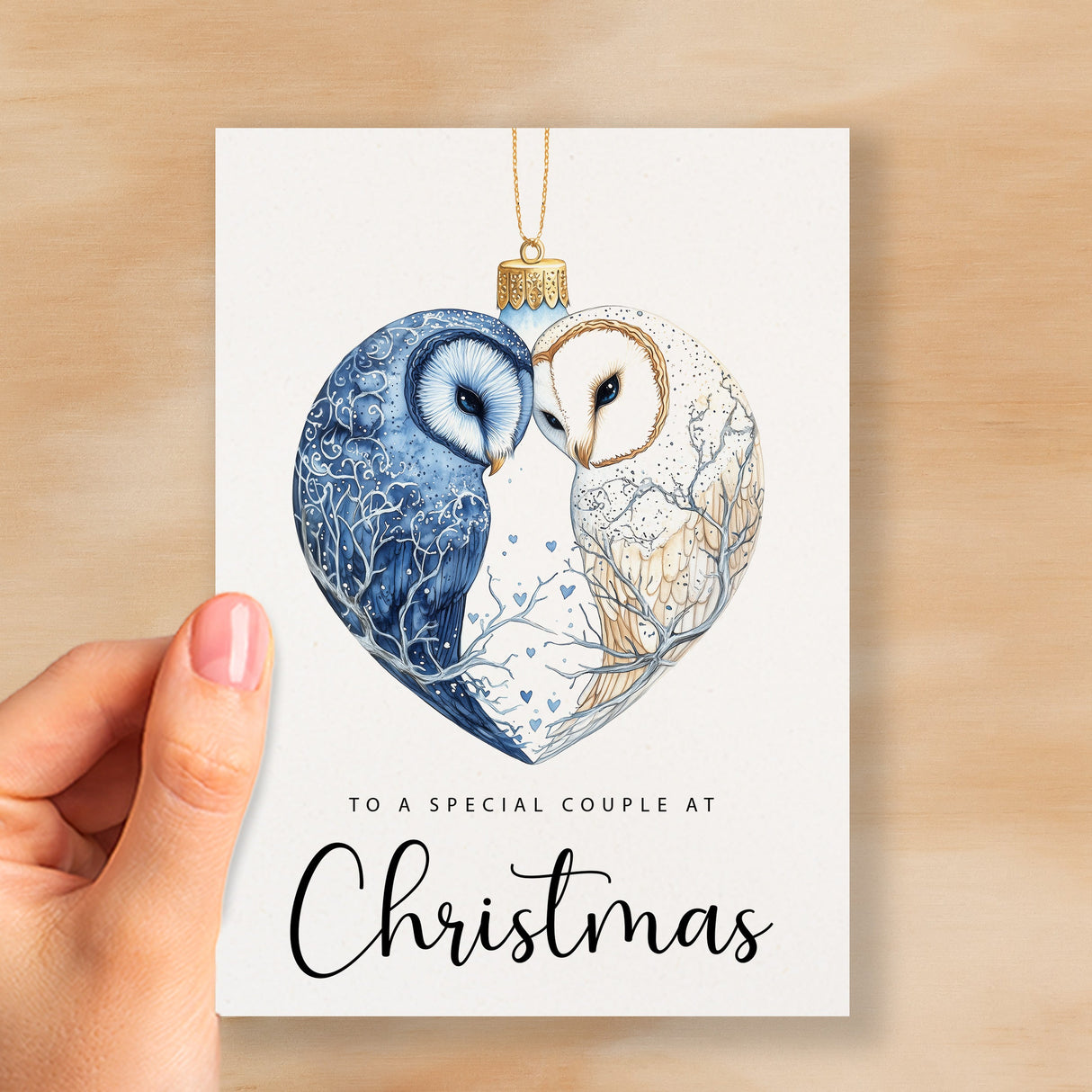 Christmas Card For Couple Owls Bauble Love Heart Illustration Romantic Christmas Card For Special Couple