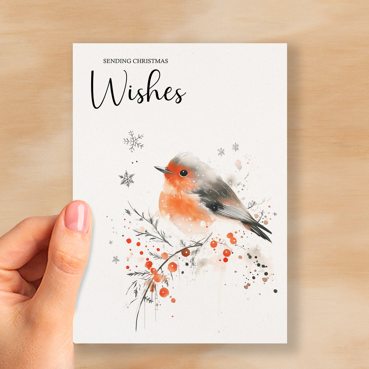 Elegant Christmas Card Featuring a Watercolour Robin Illustration Christmas Wishes Robin Christmas Card