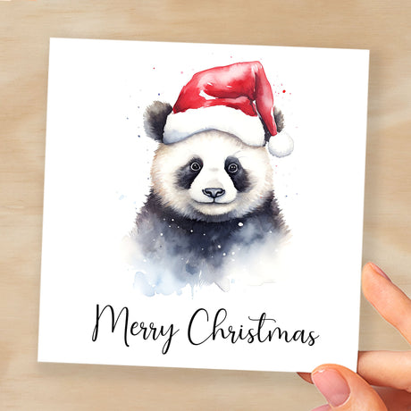 Fun Christmas Card of a Panda Wearing A Santa Hat Whimsical Watercolour Christmas Card For Animal Lover For Him or Her