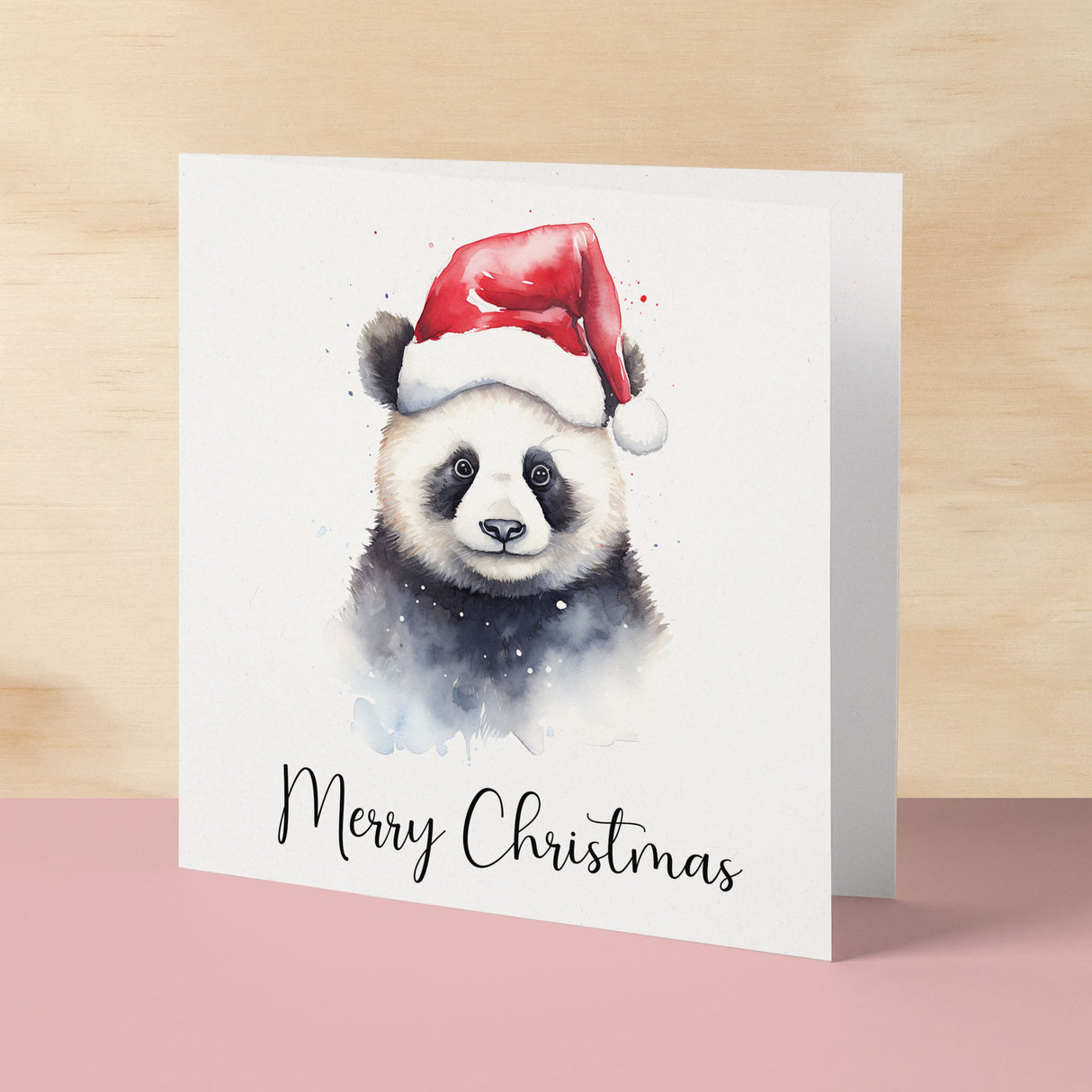 Fun Christmas Card of a Panda Wearing A Santa Hat Whimsical Watercolour Christmas Card For Animal Lover For Him or Her