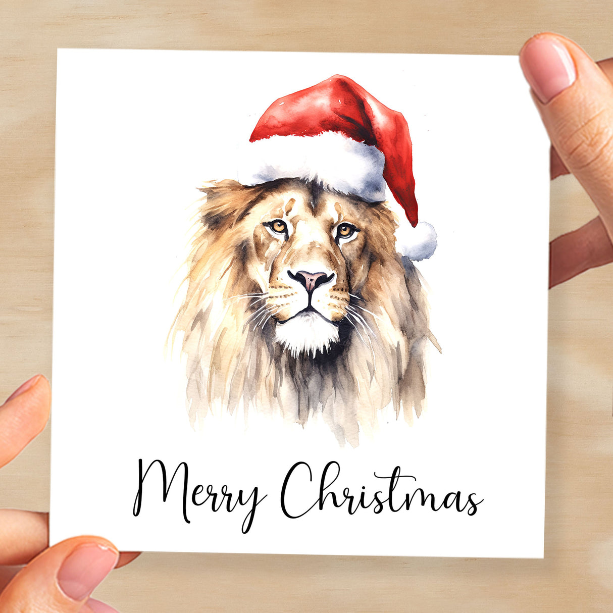 Fun Christmas Card of a Lion Wearing A Santa Hat Whimsical Watercolour Christmas Card For Animal Lover For Him or Her