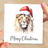 Fun Christmas Card of a Lion Wearing A Santa Hat Whimsical Watercolour Christmas Card For Animal Lover For Him or Her