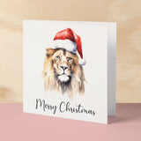 Fun Christmas Card of a Lion Wearing A Santa Hat Whimsical Watercolour Christmas Card For Animal Lover For Him or Her