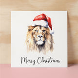 Fun Christmas Card of a Lion Wearing A Santa Hat Whimsical Watercolour Christmas Card For Animal Lover For Him or Her