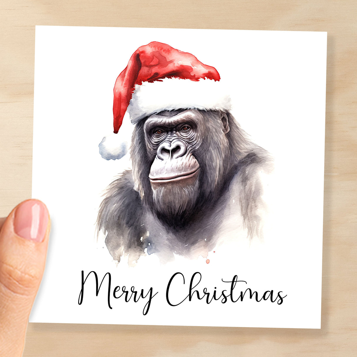 Fun Christmas Card of a Gorilla Wearing A Santa Hat Whimsical Watercolour Christmas Card For Animal Lover For Him or Her