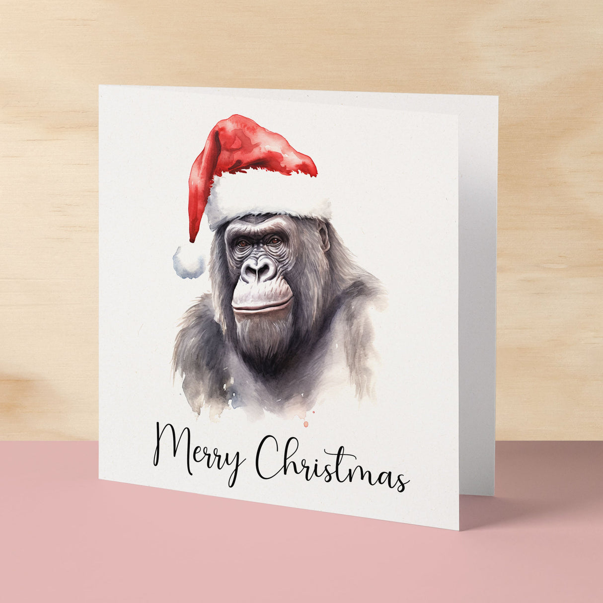 Fun Christmas Card of a Gorilla Wearing A Santa Hat Whimsical Watercolour Christmas Card For Animal Lover For Him or Her